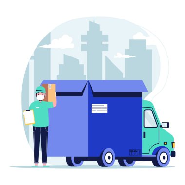 Yüzünde tıbbi koruyucu maskesi olan bir teslimatçı paket ve kamyon konseptli bir pano taşıyor. Düz tasarım vektör çizimi