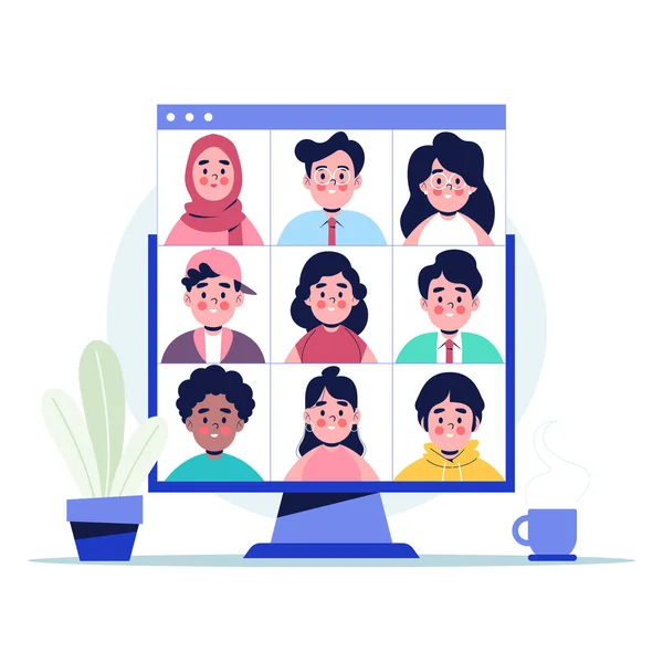 Meslektaşlar bilgisayar masasında birbirleriyle konuşurlar. Konferans videosu, evden çalışıyor. Düz tasarım vektör çizimi