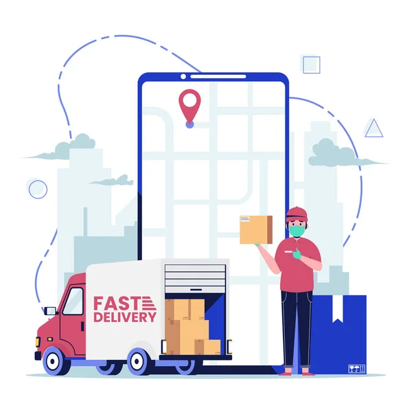 Yüzünde tıbbi koruyucu maskesi olan bir teslimatçı. Küçük kamyonetli bir paket taşıyor. Düz tasarım vektör çizimi