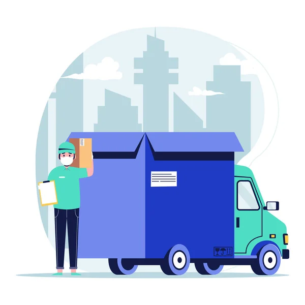 Yüzünde tıbbi koruyucu maskesi olan bir teslimatçı paket ve kamyon konseptli bir pano taşıyor. Düz tasarım vektör çizimi