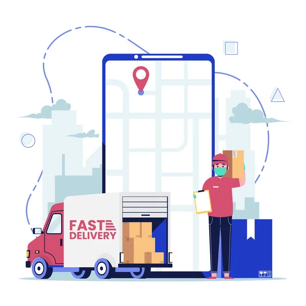 Yüzünde tıbbi koruyucu maskesi olan bir teslimatçı. Küçük kamyonetli bir paket taşıyor. Düz tasarım vektör çizimi