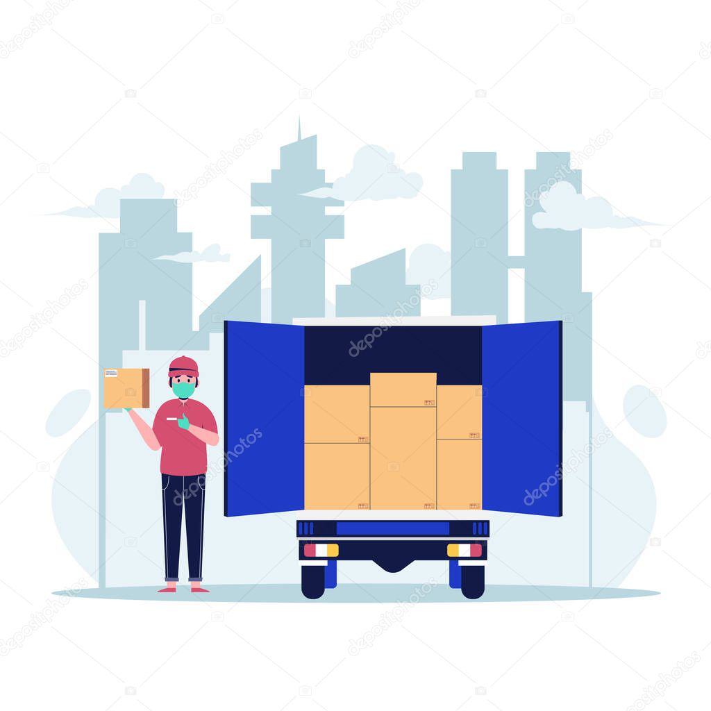 Delivery man with medical protective mask on his face holding boxes. Flat design vector illustration