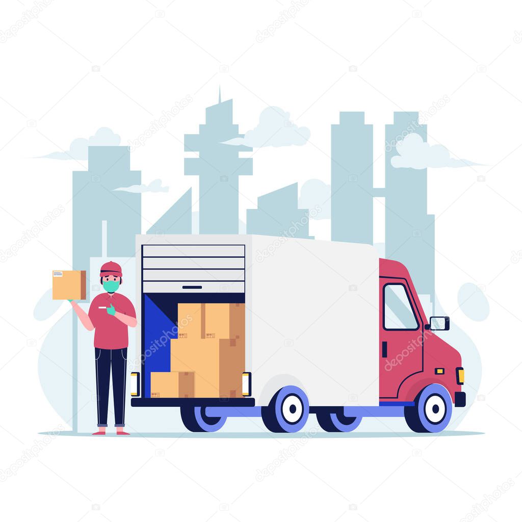 Delivery man with medical protective mask on his face holding package with truck. Flat design vector illustration
