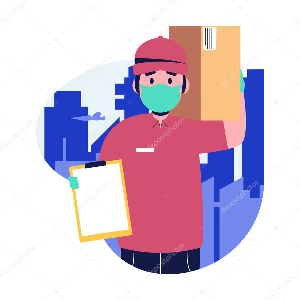 Delivery man with medical protective mask on his face holding boxes and clipboard with city background. Flat design vector illustration