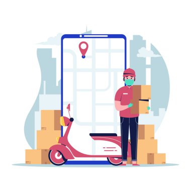 Yüzünde tıbbi koruyucu maskesi olan bir teslimatçı Scooter 'la paket taşıyordu. Düz tasarım vektör çizimi