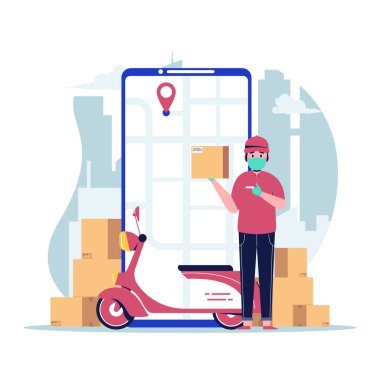Yüzünde tıbbi koruyucu maskesi olan kurye, elinde pano ve scooterlı bir paket tutuyor. Düz tasarım vektör çizimi
