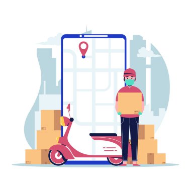 Yüzünde tıbbi koruyucu maskesi olan kurye Scooter 'la paket tutuyor. Düz tasarım vektör çizimi