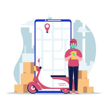 Yüzünde tıbbi koruyucu maskesi olan kurye, elinde pano ve scooterla paket tutuyor. Düz tasarım vektör çizimi