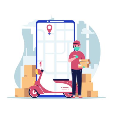 Elinde tıbbi koruyucu maskesi olan bir teslimatçı. Düz tasarım vektör çizimi