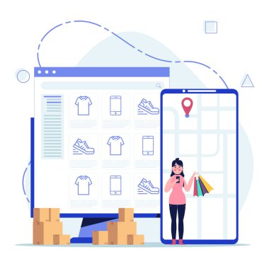 İnternetten alışveriş yapan bir adam. Düz tasarım vektör çizimi