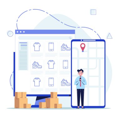 İnternetten alışveriş yapan bir adam. Düz tasarım vektör çizimi