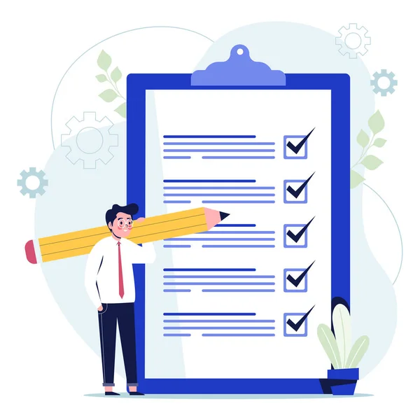 Elinde büyük bir kalem, yeşillik ve cephe tutan bir iş adamı. Kağıt üzerinde yapılacak işler, düz bir şekilde çalışan görevler sayfası