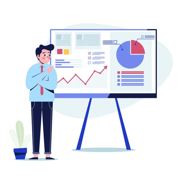 İş adamı, iş sunumu sırasında kuruldaki çizelgelere işaret ediyor. Düz tasarım vektör çizimi