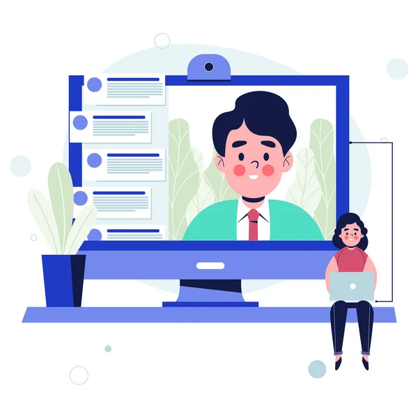 Karantina sırasında bilgisayar ve dizüstü bilgisayardan iş adamı ve iş kadını video görüşmesi. Düz tasarım vektör çizimi
