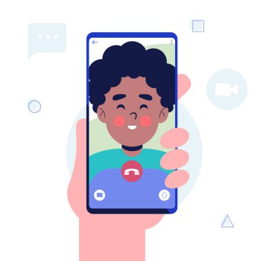 Görüntülü arama. Ekranda bir adamla el ele tutuşmak. Cep telefonu elinde. Düz tasarım vektör çizimi