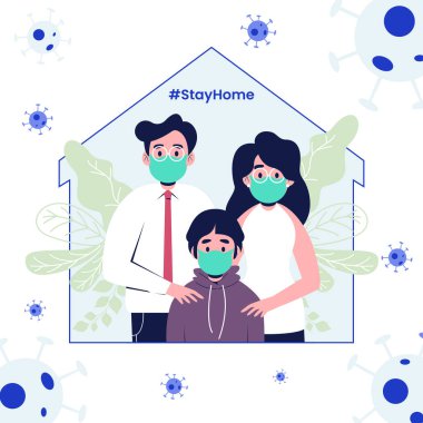 Tıbbi maskeli aile virüs konseptinden korunuyor. Düz tasarım vektör çizimi