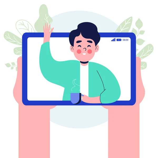 Restez Maison Appel Vidéo Ligne Avec Homme Affichant Écran Tablette — Image vectorielle