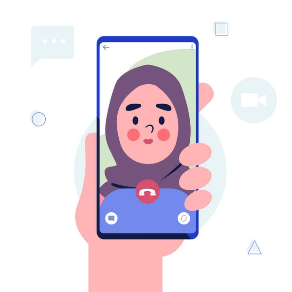 Videogesprek Concept Hand Houden Smartphone Met Hijab Vrouw Het Scherm — Stockvector