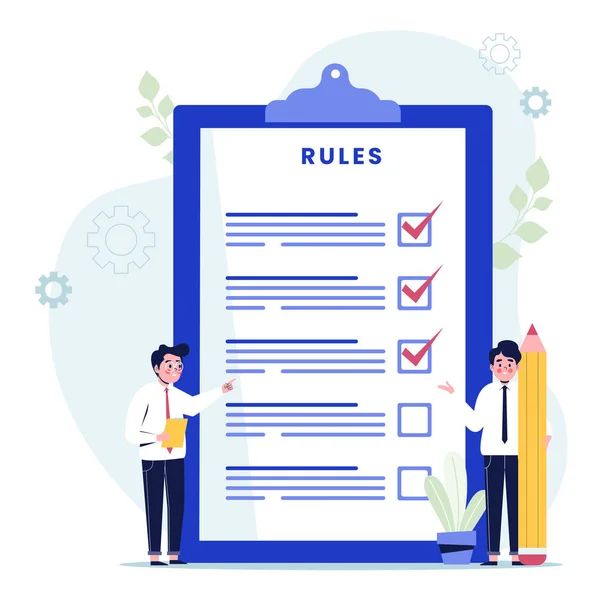 Düz, küçük yönetmelikler listedeki kişiler konsepti. Hukuki bilgilerle kısıtlı grafik yazımı. Toplum denetim kılavuzları ve şirket düzeni ve kısıtlamaları stratejisi. Düz tasarım vektör çizimi