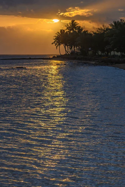 Coucher Soleil Tropical Avec Palmiers Silhouette Pris Sur Côte Corallienne — Photo