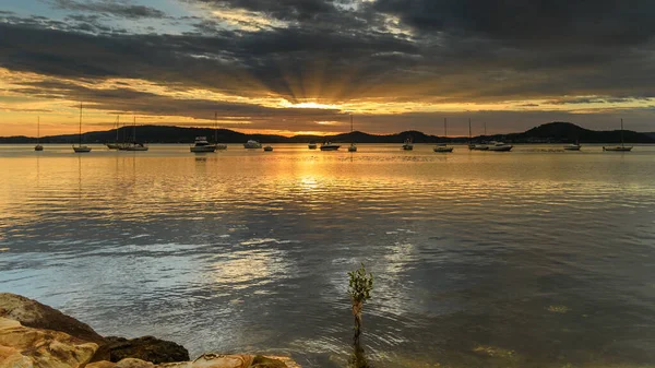 Paisaje Acuático Del Amanecer Sobre Bahía Con Nubes Barcos Koolewong — Foto de Stock