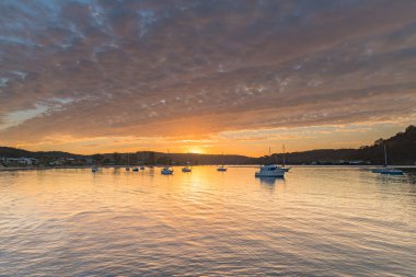Orta Sahildeki Ettalong Sahili, NSW, Avustralya 'daki Ettalong Sahili' nden Soft Golden Sunrise Waterscape.