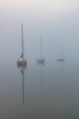 Yoğun bir sis bulutuyla kaplı tekneler, körfezin üzerindeki sisin içinde beliriyor. Koolewong Merkez Sahili, NSW, Avustralya.