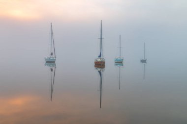 Yoğun bir sis bulutuyla kaplı tekneler, körfezin üzerindeki sisin içinde beliriyor. Koolewong Merkez Sahili, NSW, Avustralya.