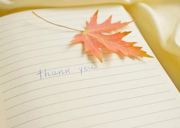 thank you text message on paper page background with printed lines and decorative of colorful maple leaf.