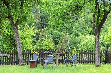 Sırbistan 'ın Tara Dağı' nın kırsal kesiminde bir masa, bir bank ve birkaç sandalyeyle güzel bir yeşil bahçe.