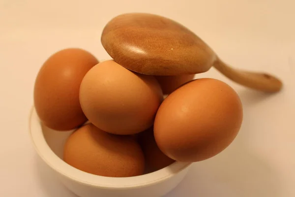 Eggs Wooden Spoon Kitchen — Stock Photo, Image