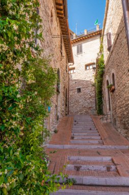 Küçük Assisi şehrinin caddesi, Umbria, İtalya, güneşli bir yaz gününde