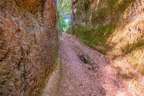 南トスカーナ イタリアのエトルリア文明によって発掘された凝灰岩の内部の洞窟 狭くて古代の道 — ストック写真