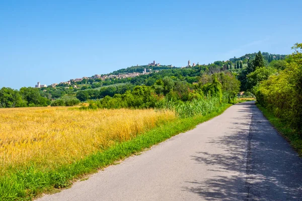Güneşli bir yaz gününde, İtalya 'nın Umbria kentindeki küçük Assisi şehrine giden yol.