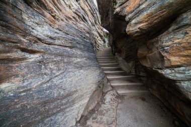 Athabasca Şelalesi 'ne yakın kayaların içindeki dar merdivenler Icefield Parkway, Alberta, Kanada boyunca uzanıyor.