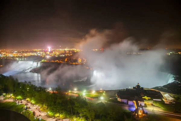 Scenisk Från Ovan Niagara Faller Natten Med Färgglada Lampor Vatten — Stockfoto