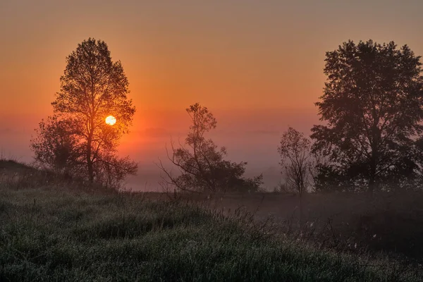 Rivers Foggy Sunrize Whith Fishers Boats — Stock Photo, Image