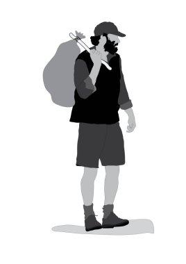 Beyaz arka planda bir çuval tutan sakallı adam. 