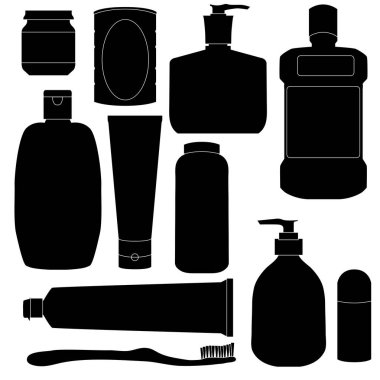 Banyo ögelerinin siluetleri (sabun, diş macunu, deodorant, kremler)