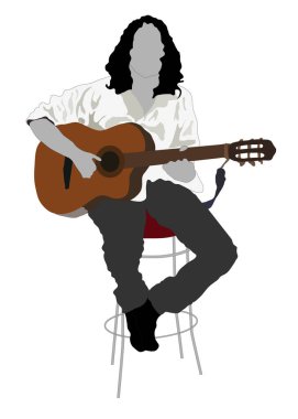 Beyaz arka plandaki alışveriş merkezinde gitarist, basit bir vektör illüstrasyonu 