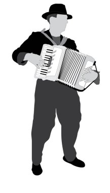 Piyano akordeonu çalan adam beyaz arkaplanda izole edildi 