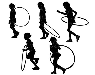Beyaz arka planda izole edilmiş hula-hooplarla oynayan çocuklar serisi