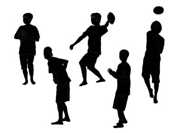 Rugby oynayan bir dizi genç çocuk, beyaz arka planda izole edilmiş siluetler.