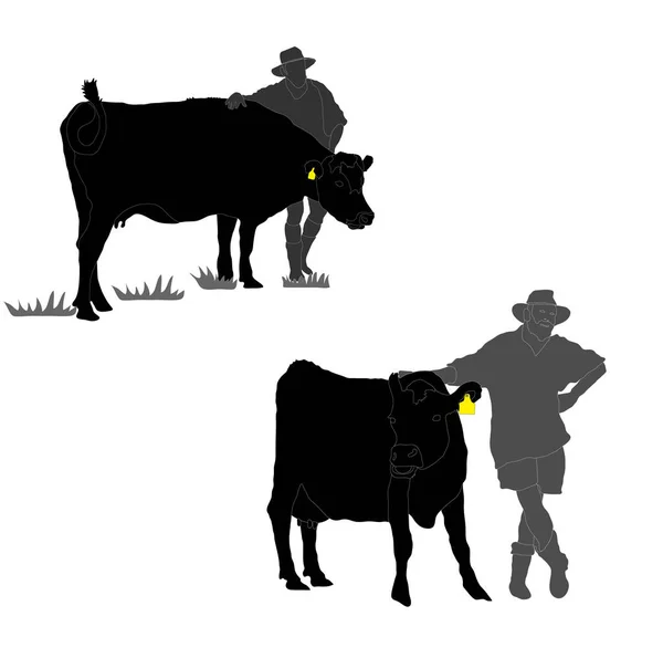 Silhouette Farmers Leaning Cows Isolated White Background — Stock Vector