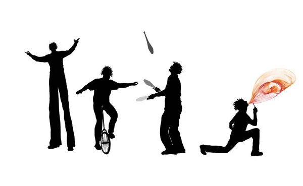 Sylwetki Artysty Żongler Unicyklista Oddychacz Ognia Szczudlarz — Wektor stockowy