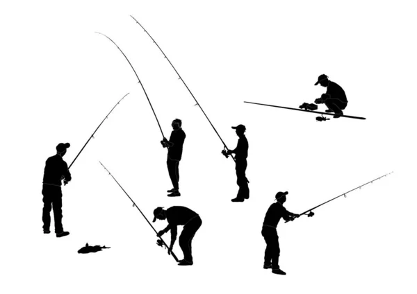 Serie Fisherman Silhouettes Isolerad Vit Bakgrund — Stock vektor