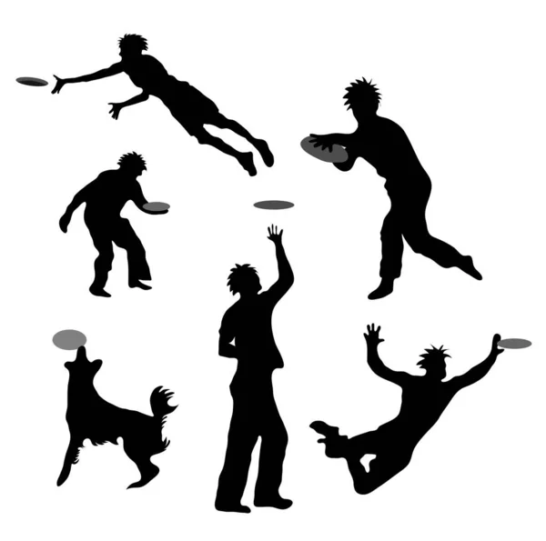 Figures Playing Frisbees Silhouettes — Stock Vector