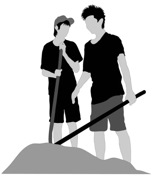 Zwei Jungen Arbeiten Isoliert Auf Weißem Hintergrund Freien — Stockvektor