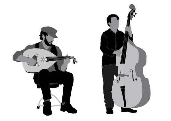 Музыканты Играющие Oud Double Bass Силуэты Простые Векторные Иллюстрации — стоковый вектор