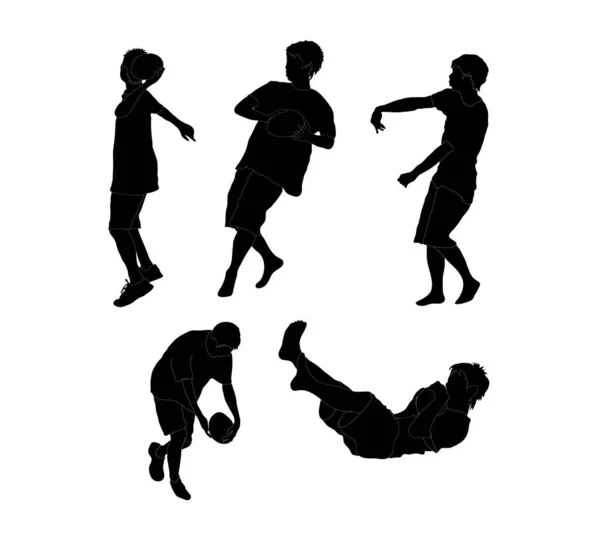 Serie Chicos Adolescentes Jugando Rugby Siluetas Aisladas Sobre Fondo Blanco — Vector de stock